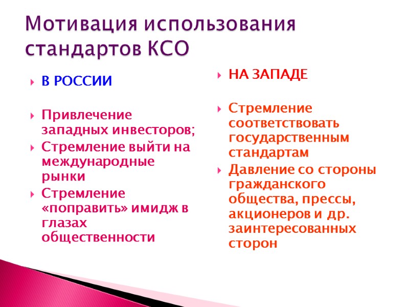 В РОССИИ  Привлечение западных инвесторов; Стремление выйти на международные рынки Стремление «поправить» имидж